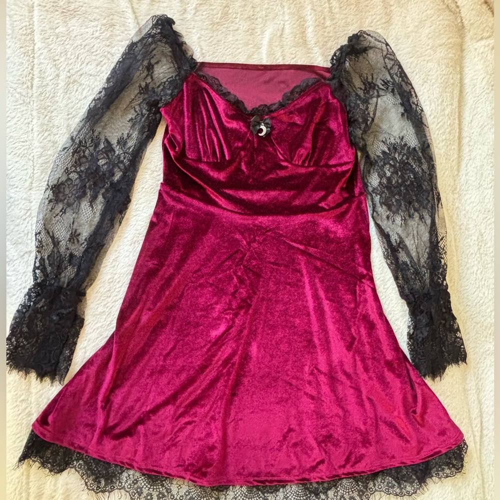 Burgundy Velvet Lace Sleeve Gothic Mini Dress